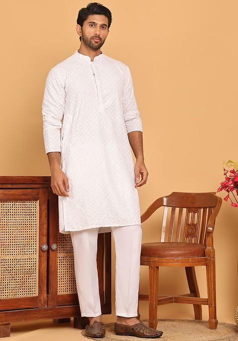 White Embroidered Poly Blend Kurta Set For Men