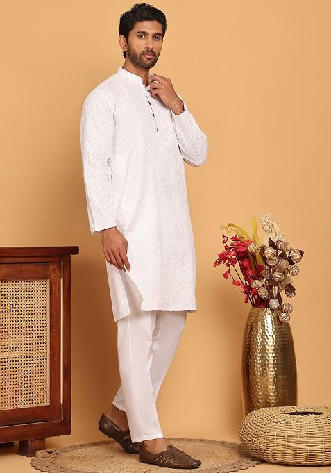 White Embroidered Poly Blend Kurta Set For Men