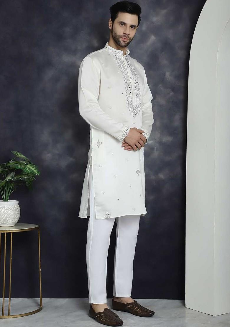 White Embroidered Poly Blend Kurta Set For Men