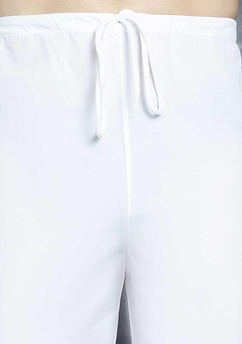 White Embroidered Poly Blend Kurta Set For Men