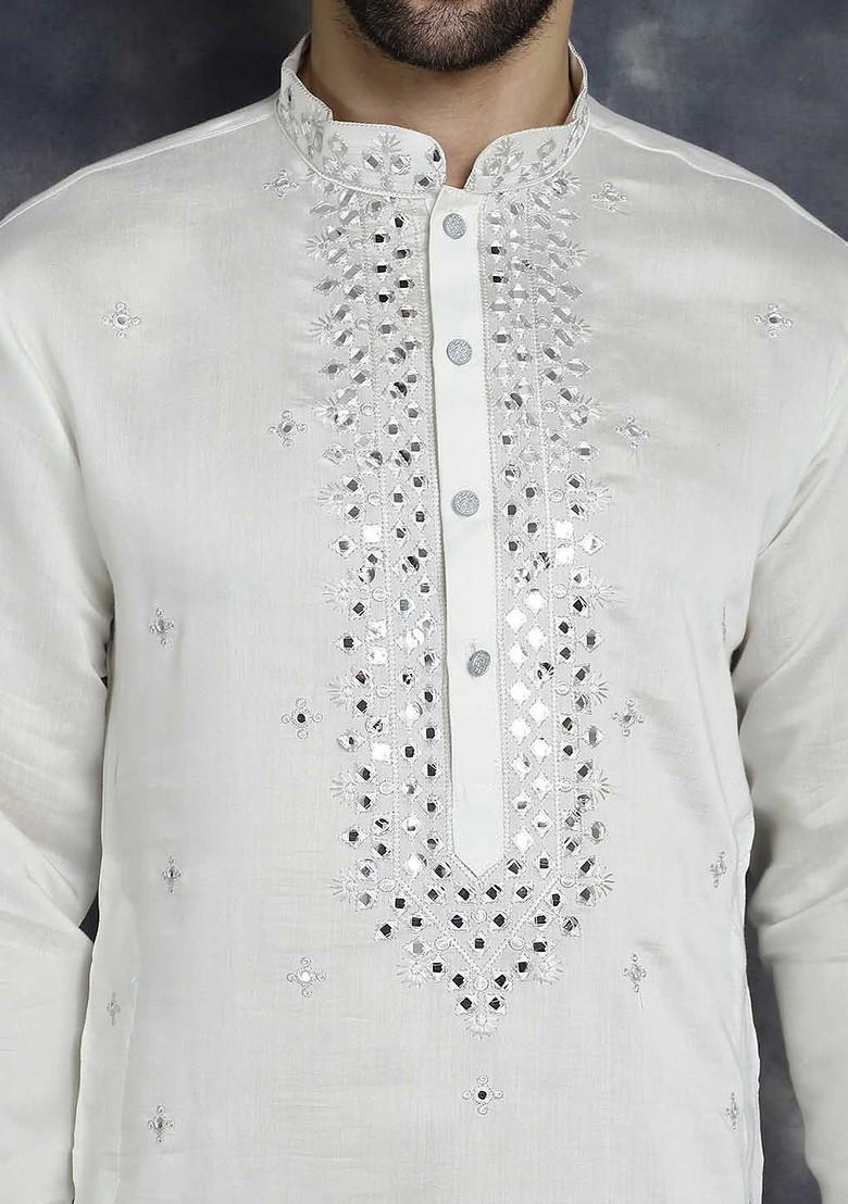 White Embroidered Poly Blend Kurta Set For Men