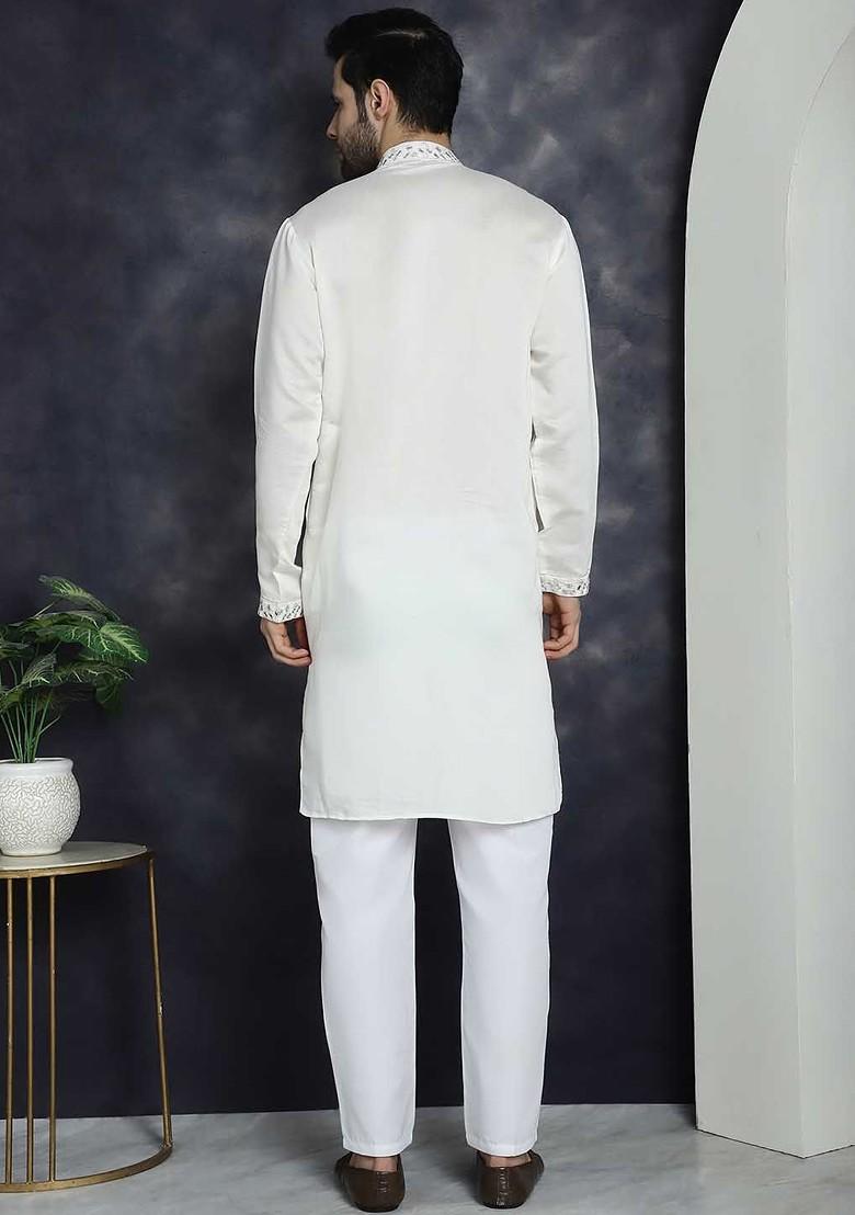 White Embroidered Poly Blend Kurta Set For Men