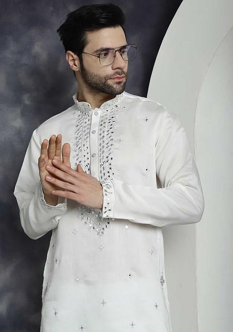 White Embroidered Poly Blend Kurta Set For Men
