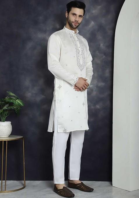 White Embroidered Poly Blend Kurta Set For Men