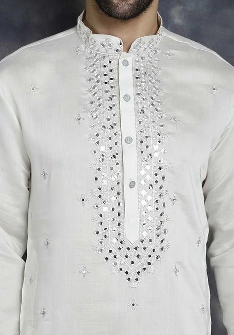 White Embroidered Poly Blend Kurta Set For Men