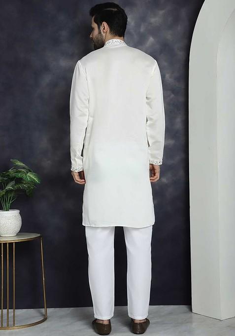 White Embroidered Poly Blend Kurta Set For Men