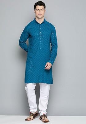 Turquoise Blue Embroidered Poly Blend Kurta Set For Men