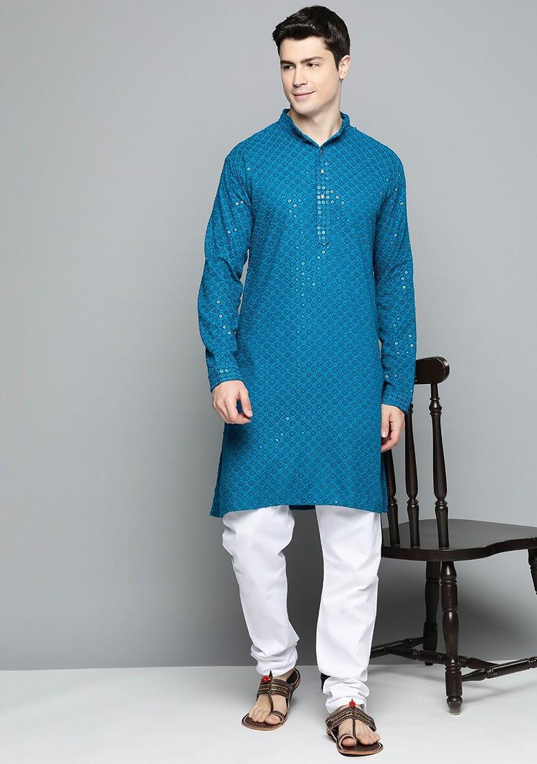 Turquoise Blue Embroidered Poly Blend Kurta Set For Men