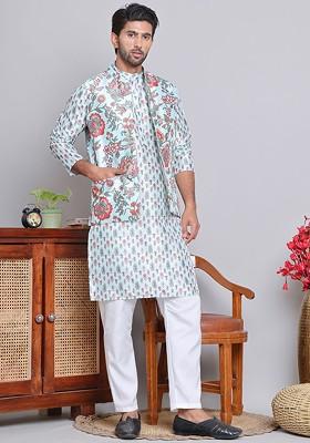 Turquoise Blue Printed Poly Blend Kurta Set For Men