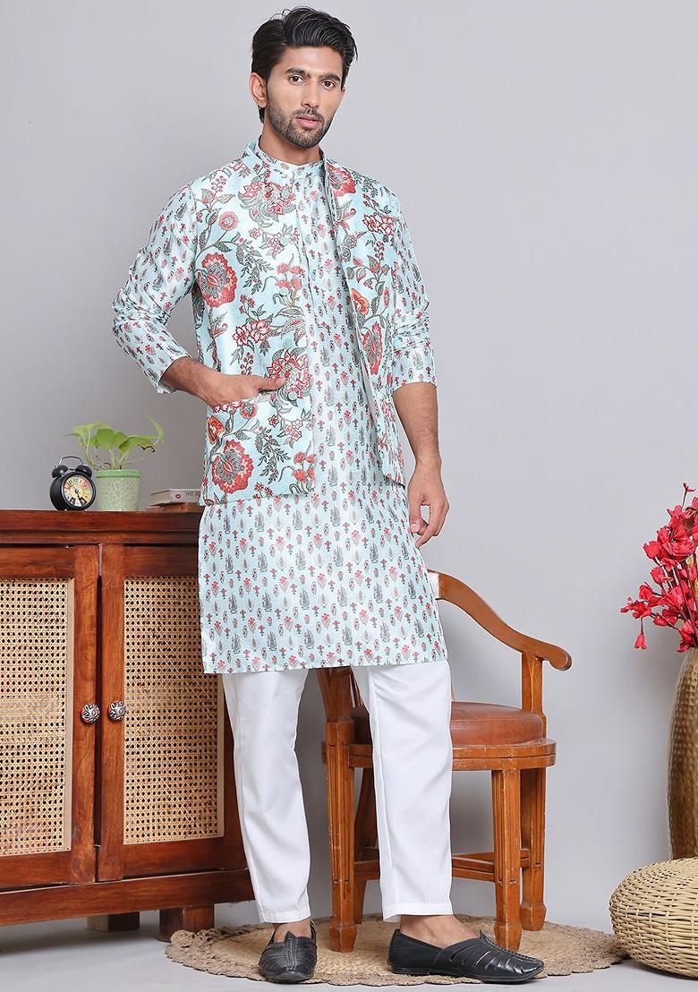 Turquoise Blue Printed Poly Blend Kurta Set For Men