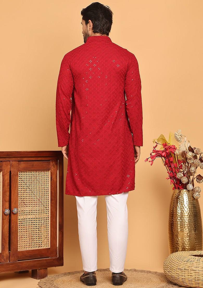 Red Embroidered Poly Blend Kurta Set For Men