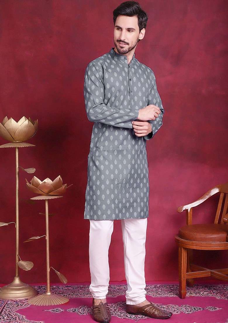 Grey Printed Poly Blend Kurta Set For Men - Indya