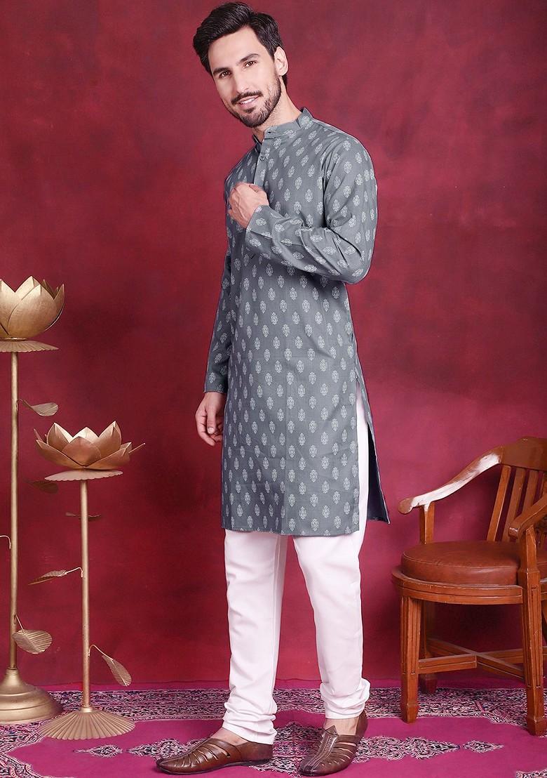 Grey Printed Poly Blend Kurta Set For Men