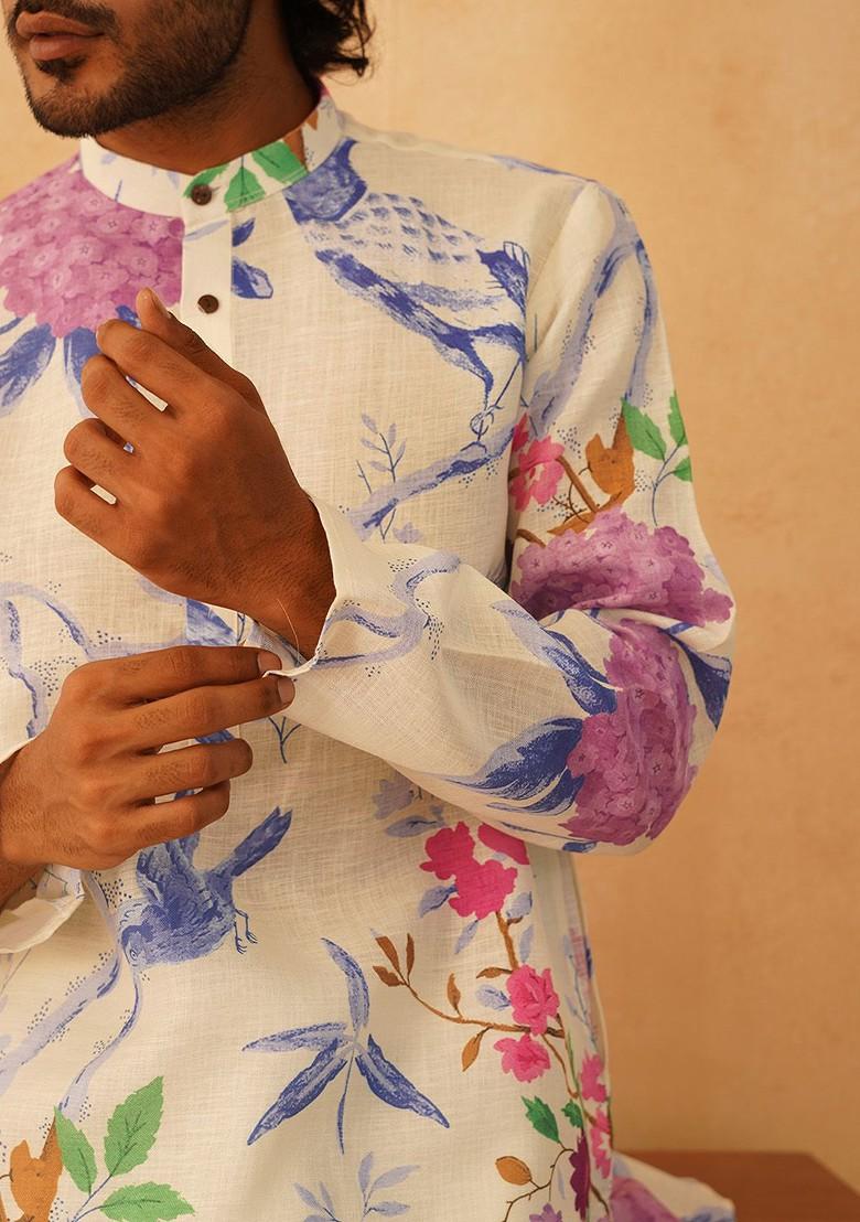 Cream Printed Poly Blend Kurta Set For Men