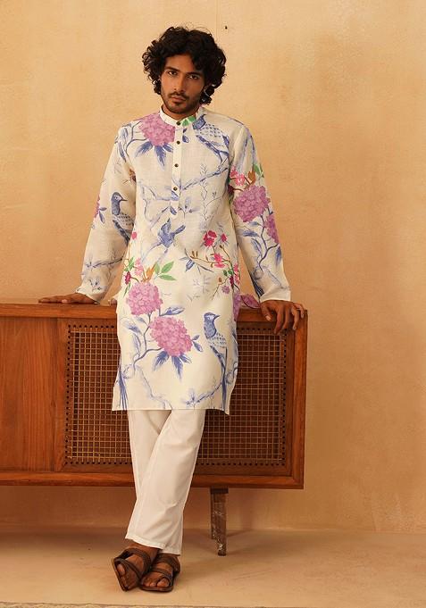 Cream Printed Poly Blend Kurta Set For Men
