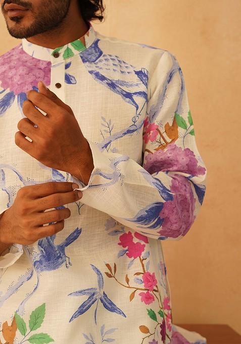 Cream Printed Poly Blend Kurta Set For Men