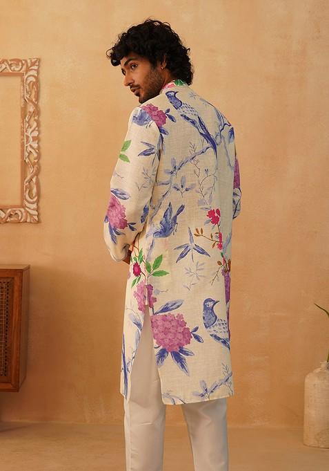 Cream Printed Poly Blend Kurta Set For Men