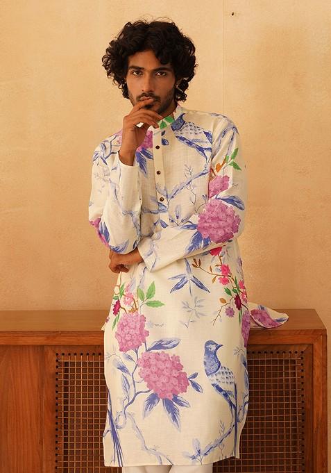 Cream Printed Poly Blend Kurta Set For Men