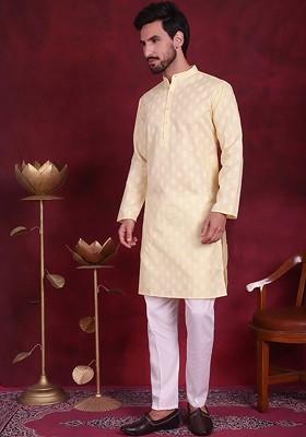 Yellow Printed Poly Blend Kurta Set For Men