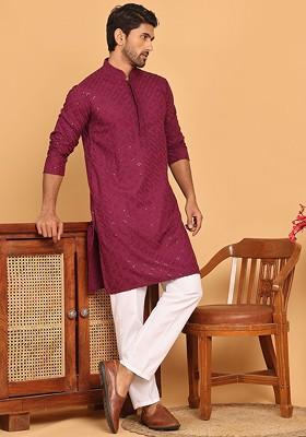 Purple Embroidered Poly Blend Kurta Set For Men