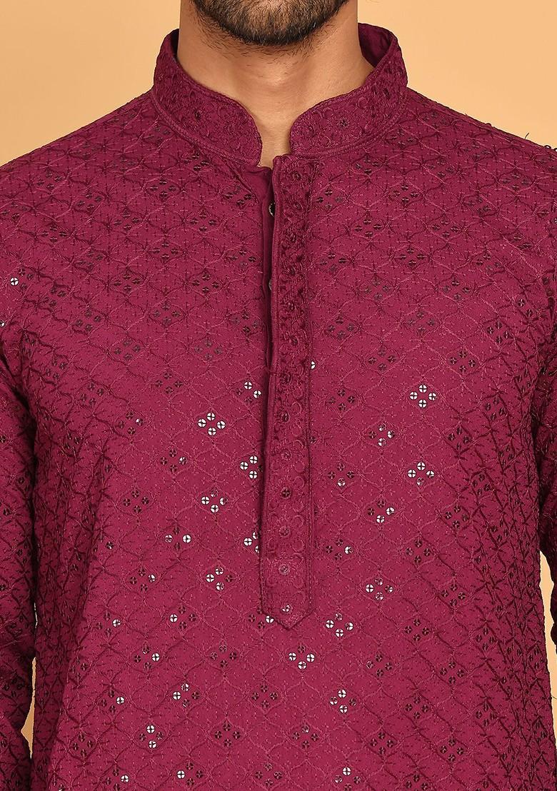 Purple Embroidered Poly Blend Kurta Set For Men