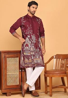 Maroon Embroidered Poly Blend Kurta Set For Men