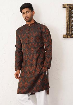 Black Woven Design Poly Blend Kurta Set For Men