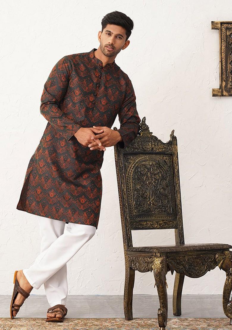 Black Woven Design Poly Blend Kurta Set For Men