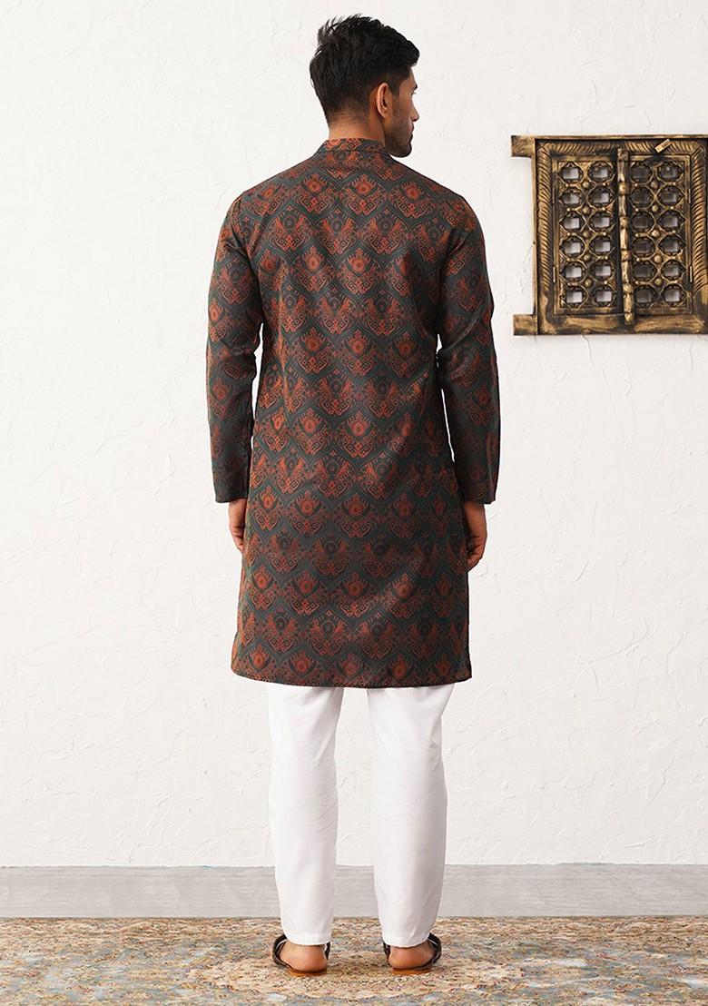 Black Woven Design Poly Blend Kurta Set For Men