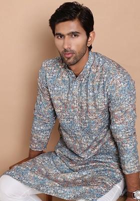 Olive Printed Poly Blend Kurta Set For Men