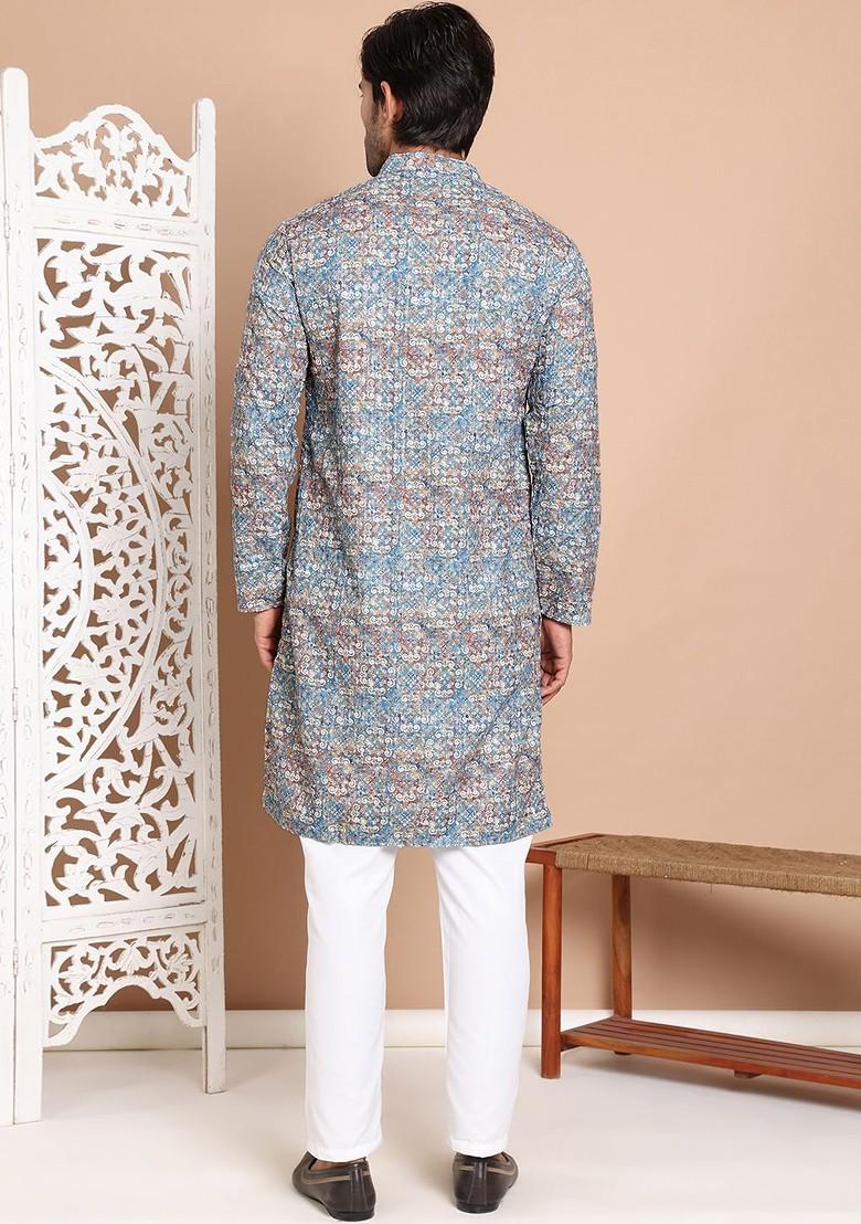 Olive Printed Poly Blend Kurta Set For Men