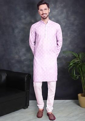 Purple Printed Poly Blend Kurta Set For Men