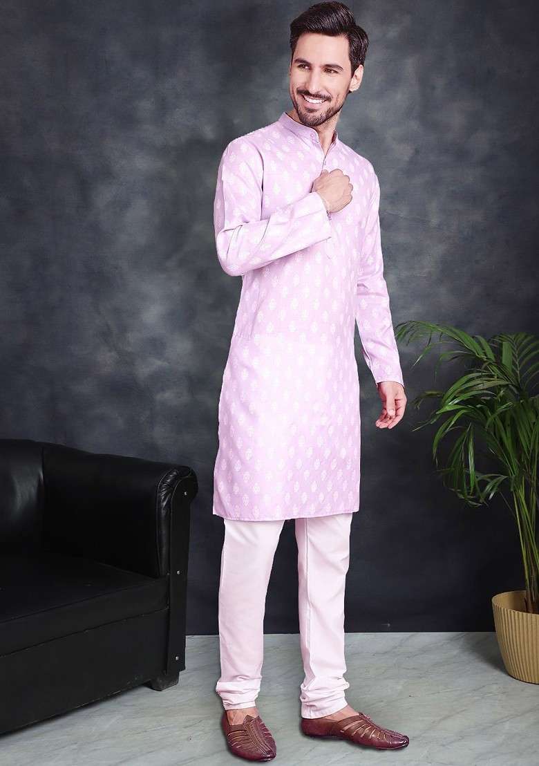 Purple Printed Poly Blend Kurta Set For Men - Indya