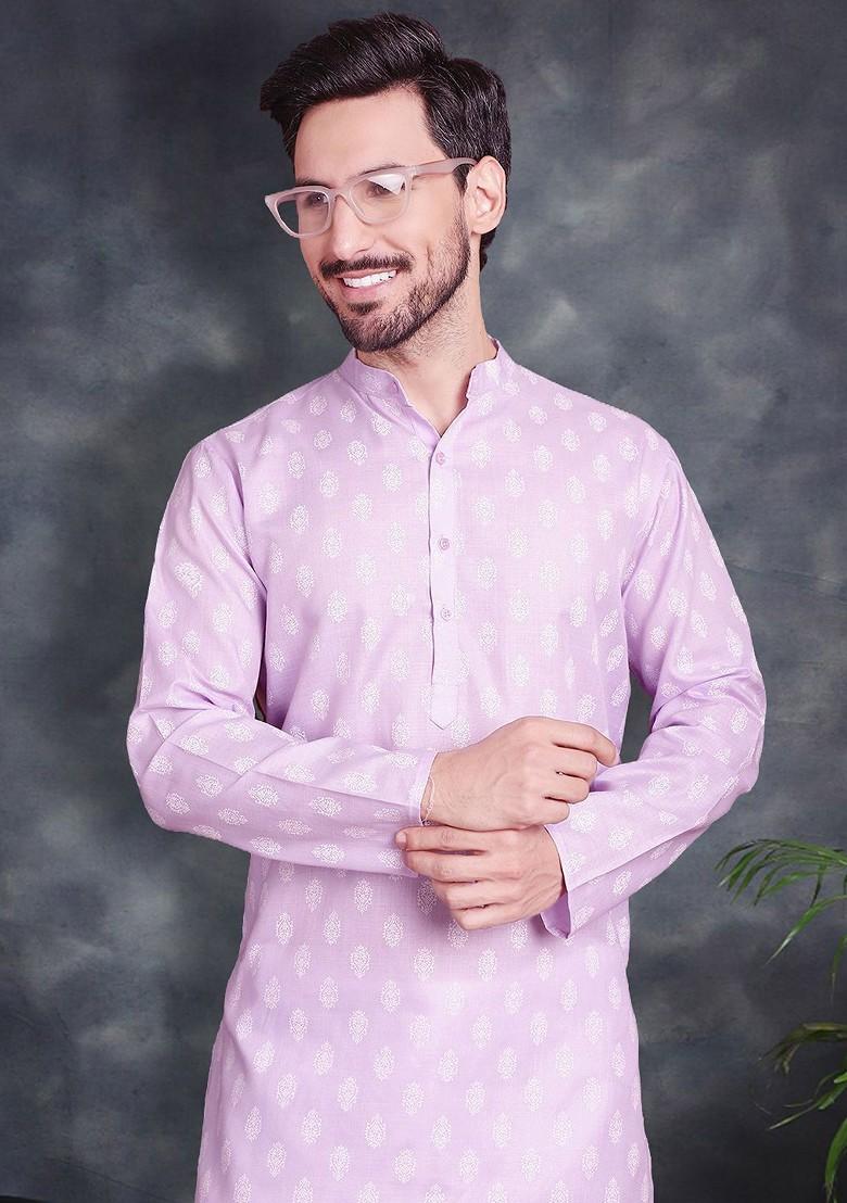 Purple Printed Poly Blend Kurta Set For Men