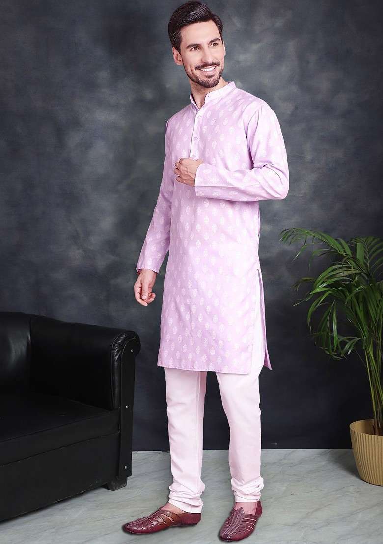 Purple Printed Poly Blend Kurta Set For Men - Indya