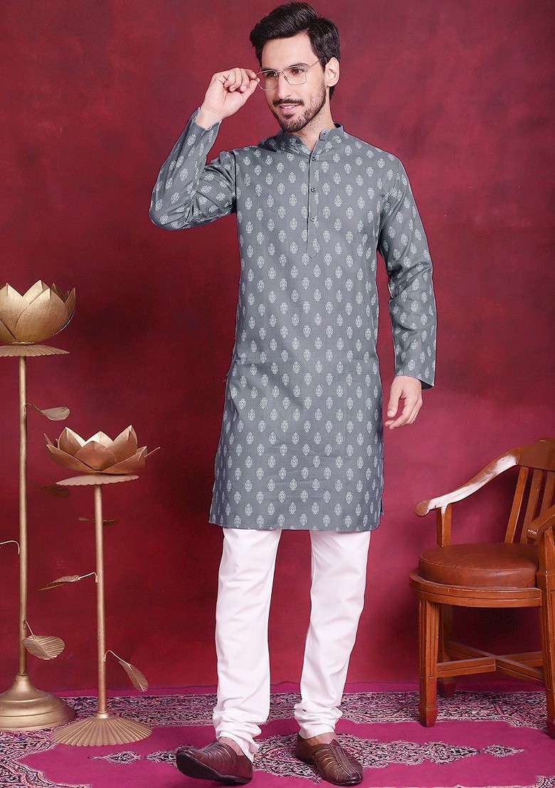 Grey Printed Poly Blend Kurta Set For Men - Indya