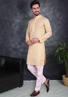 Yellow Printed Poly Blend Kurta Set For Men