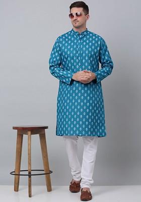Teal Blue Printed Poly Blend Kurta Set For Men