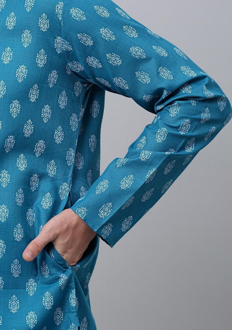 Teal Blue Printed Poly Blend Kurta Set For Men
