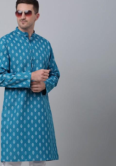 Teal Blue Printed Poly Blend Kurta Set For Men