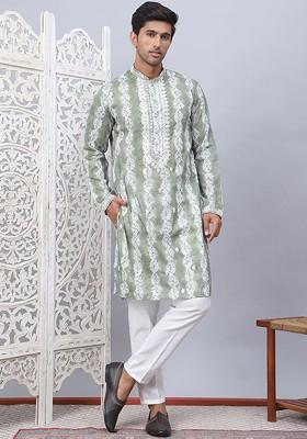 Green Embroidered Poly Blend Kurta Set For Men