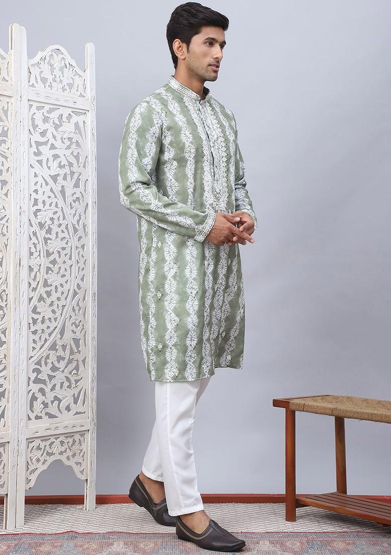 Green Embroidered Poly Blend Kurta Set For Men