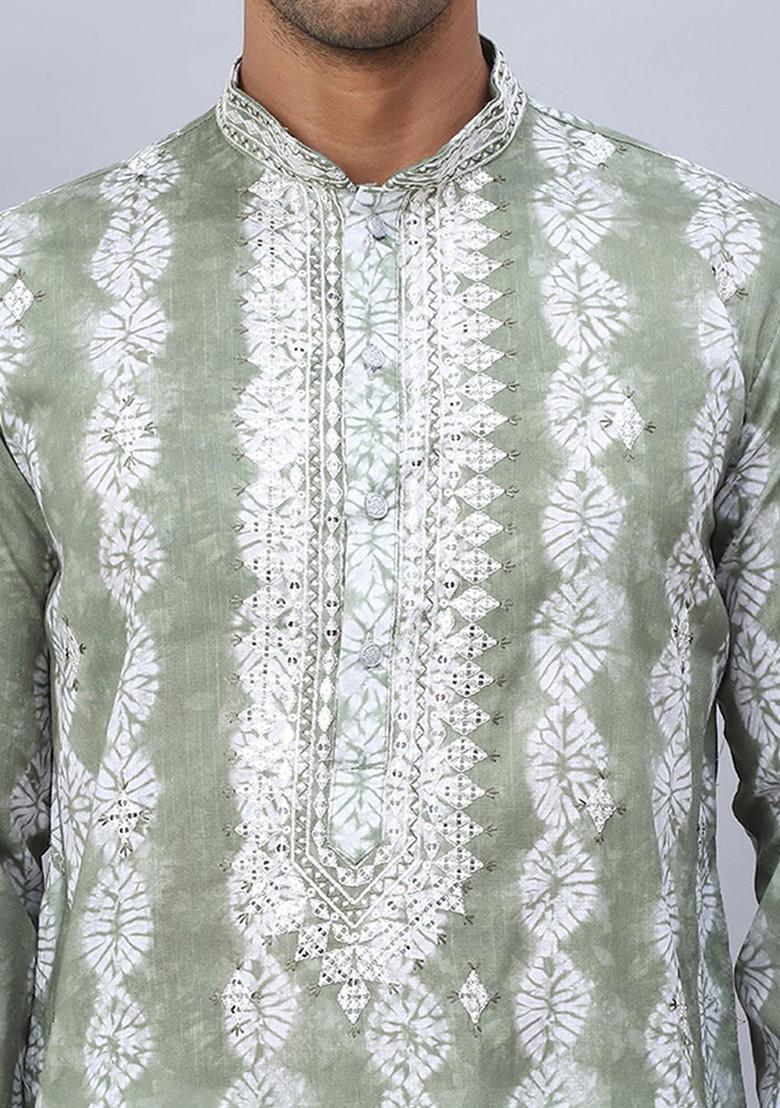 Green Embroidered Poly Blend Kurta Set For Men