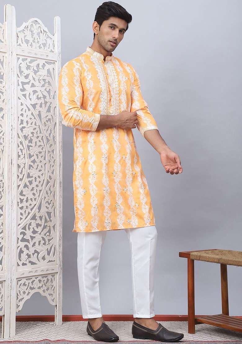 Orange Embroidered Poly Blend Kurta Set For Men - Indya
