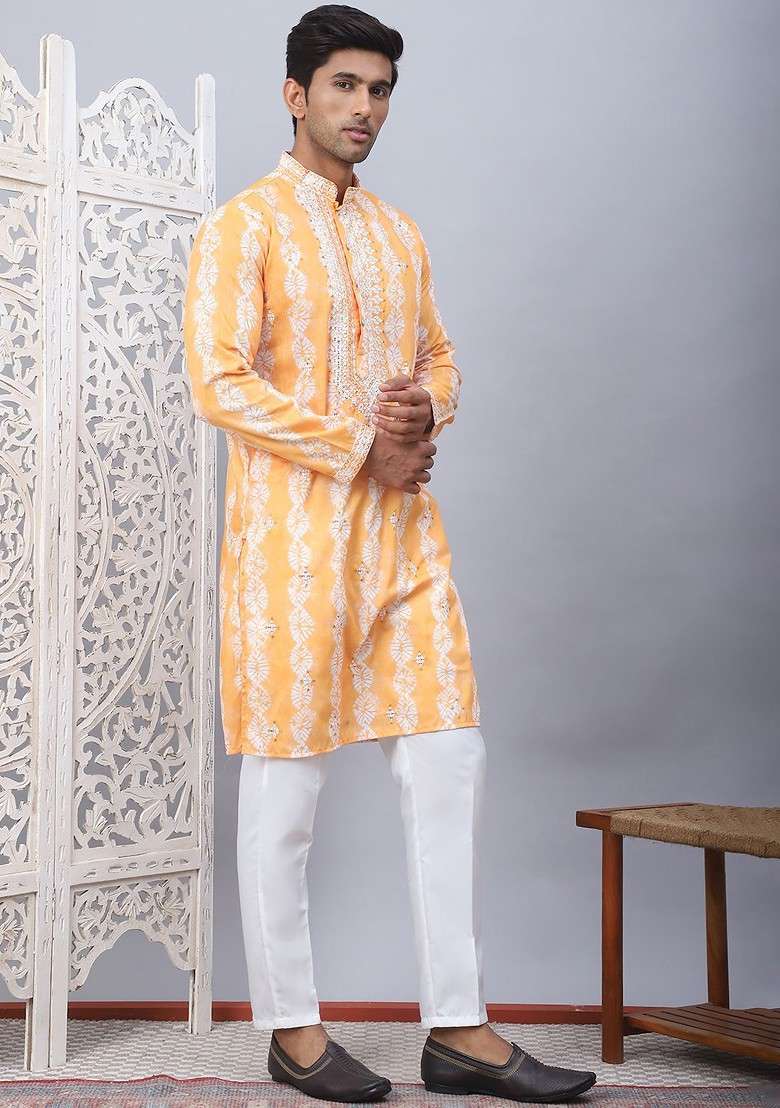 Orange Embroidered Poly Blend Kurta Set For Men - Indya