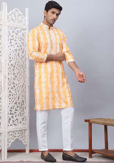Orange Embroidered Poly Blend Kurta Set For Men