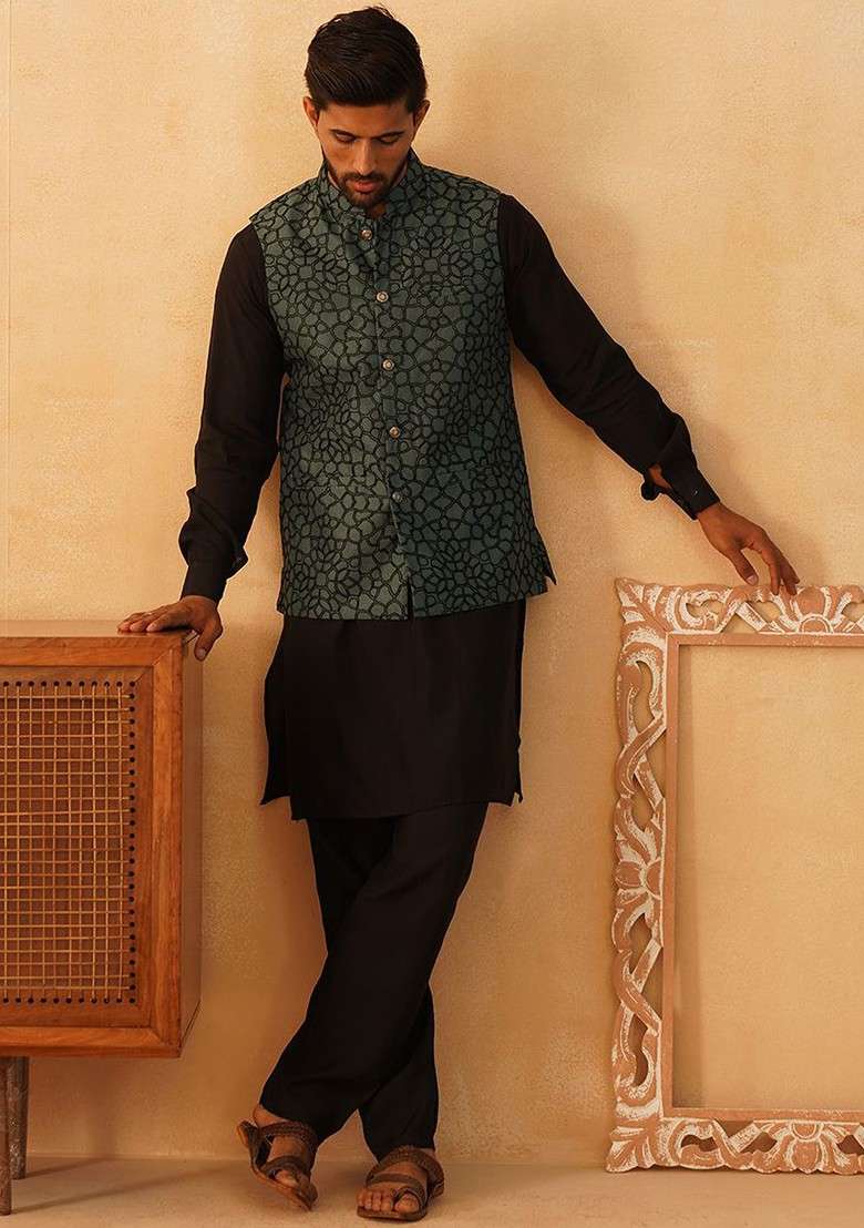 Teal Blue Embroidered Poly Blend Kurta Set For Men - Indya
