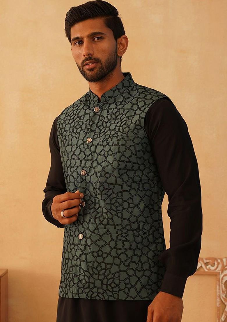 Teal Blue Embroidered Poly Blend Kurta Set For Men