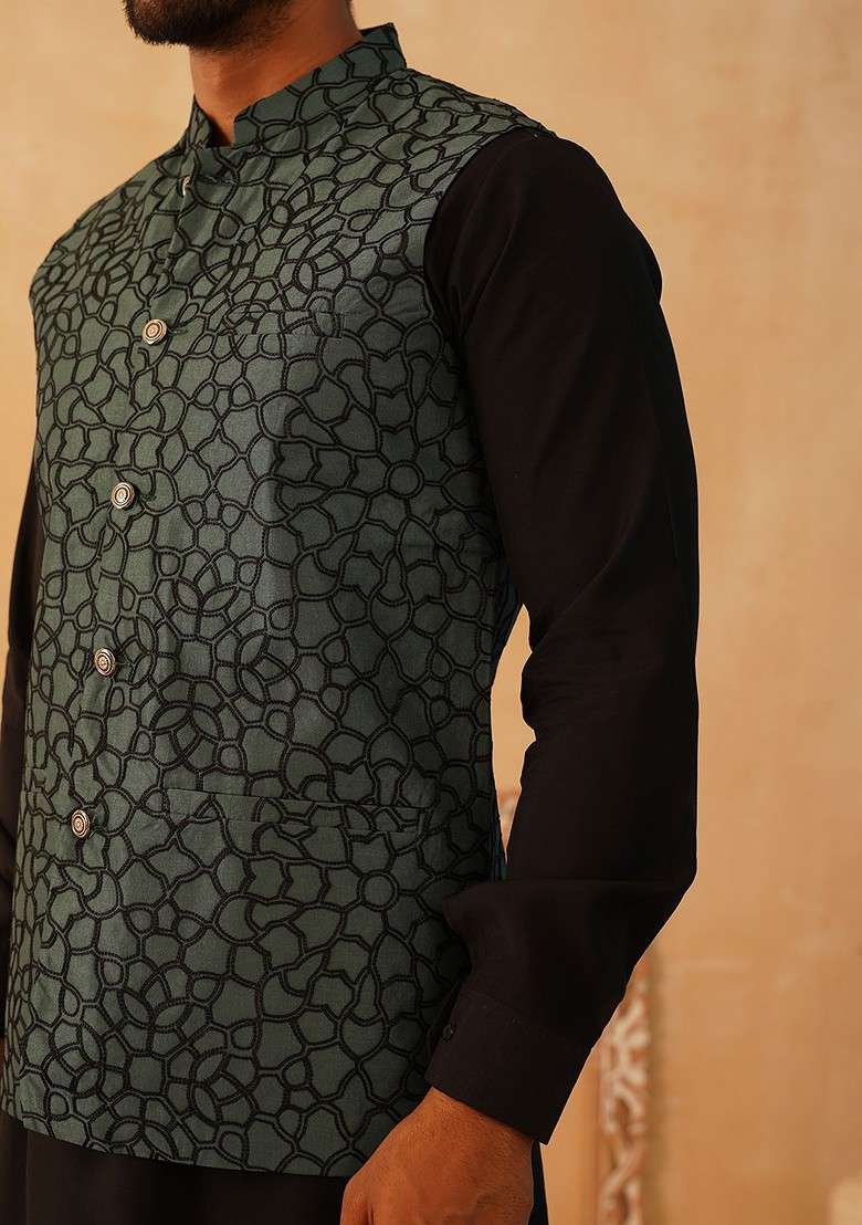 Teal Blue Embroidered Poly Blend Kurta Set For Men - Indya