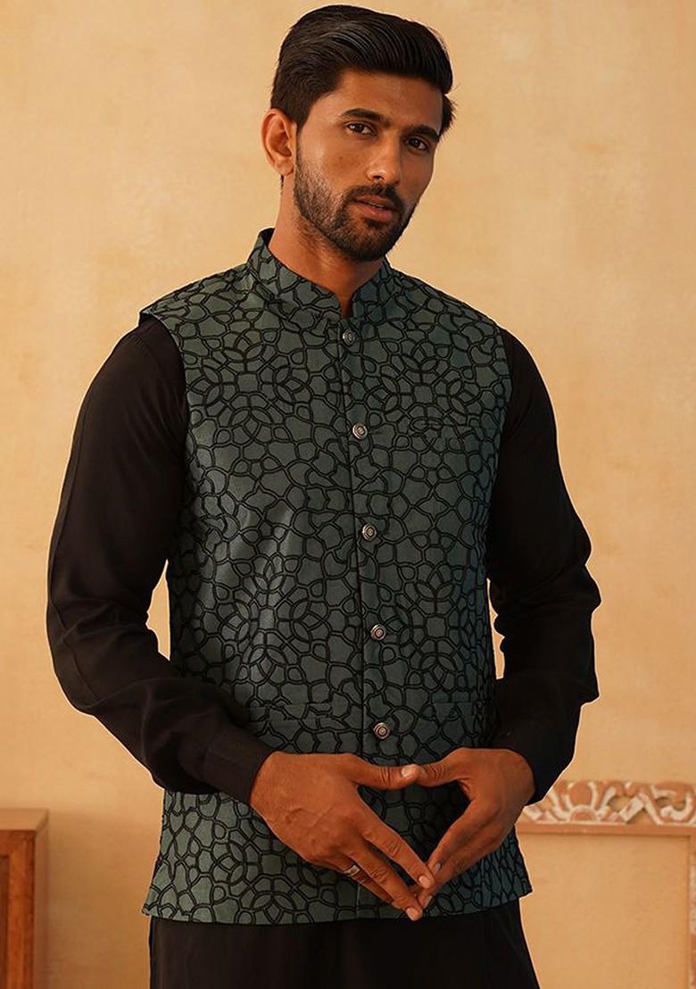 Teal Blue Embroidered Poly Blend Kurta Set For Men